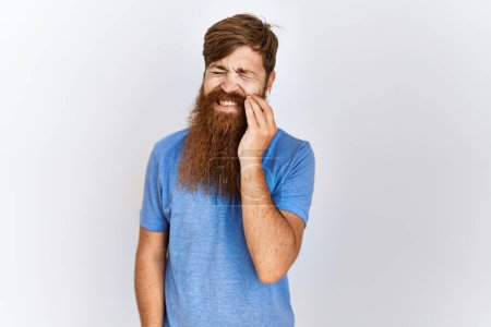 Photo for Caucasian man with long bear standing over isolated background touching mouth with hand with painful expression because of toothache or dental illness on teeth. dentist - Royalty Free Image