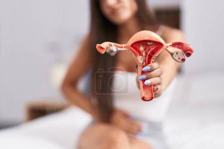 Téléchargez les photos : Jeune belle femme hispanique souffrant de douleur menstruelle tenant le modèle anatomique de l'utérus dans la chambre - en image libre de droit