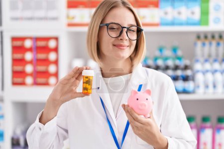 Foto de Joven mujer caucásica trabajando en farmacia sosteniendo píldoras una alcancía sonriendo mirando a un lado y mirando a otro pensando. - Imagen libre de derechos