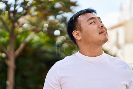 Téléchargez les photos : Young chinese man smiling confident looking to the sky at park - en image libre de droit