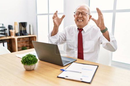 Téléchargez les photos : Senior homme travaillant au bureau en utilisant un ordinateur portable célébrant fou et fou de succès avec les bras levés et les yeux fermés hurlant excité. concept gagnant - en image libre de droit
