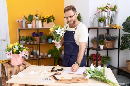 Téléchargez les photos : Middle age man florist holding bouquet of flowers writing on notebook at flower shop - en image libre de droit