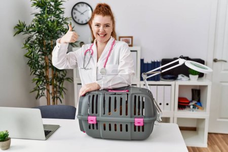 Photo for Young redhead veterinarian woman working at pet clinic smiling happy and positive, thumb up doing excellent and approval sign - Royalty Free Image