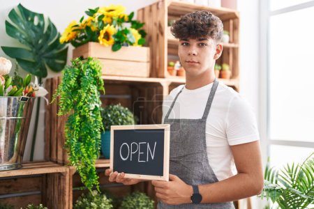 Photo for Hispanic teenager working at florist holding open sign looking positive and happy standing and smiling with a confident smile showing teeth - Royalty Free Image