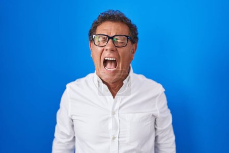 Foto de Hombre hispano de mediana edad de pie sobre fondo azul enojado y loco gritando frustrado y furioso, gritando con ira. rabia y concepto agresivo. - Imagen libre de derechos