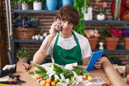 Photo for Young blond man florist talking on smartphone using touchpad at flower shop - Royalty Free Image