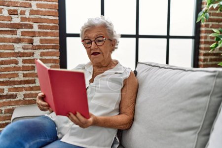 Téléchargez les photos : Femme âgée aux cheveux gris lisant un livre assis sur un canapé à la maison - en image libre de droit