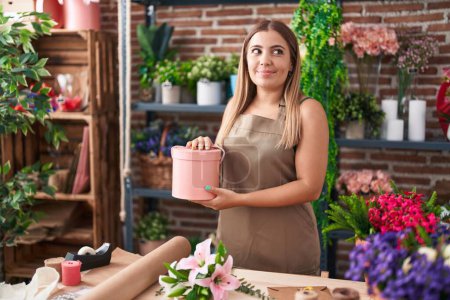 Téléchargez les photos : Young blonde woman working at florist shop smiling looking to the side and staring away thinking. - en image libre de droit