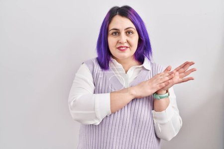 Photo for Plus size woman wit purple hair standing over white background clapping and applauding happy and joyful, smiling proud hands together - Royalty Free Image
