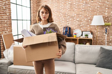 Téléchargez les photos : Young beautiful woman holding box moving to a new home relaxed with serious expression on face. simple and natural looking at the camera. - en image libre de droit