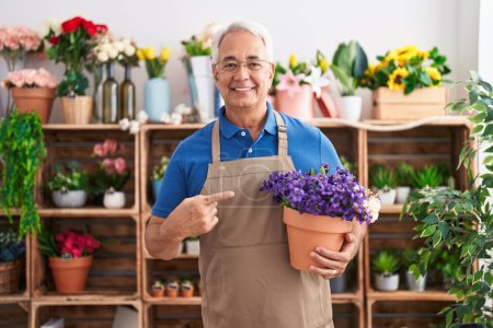 Téléchargez les photos : Middle age man with grey hair working at florist shop holding plant smiling happy pointing with hand and finger - en image libre de droit