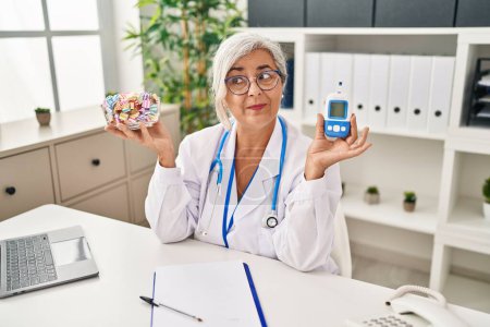 Téléchargez les photos : Middle age woman with grey hair wearing doctor uniform holding glucose monitor smiling looking to the side and staring away thinking. - en image libre de droit