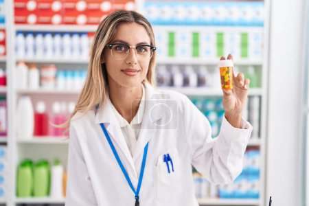 Foto de Joven mujer rubia farmacéutico sonriendo confiado sosteniendo pastillas botella en la farmacia - Imagen libre de derechos