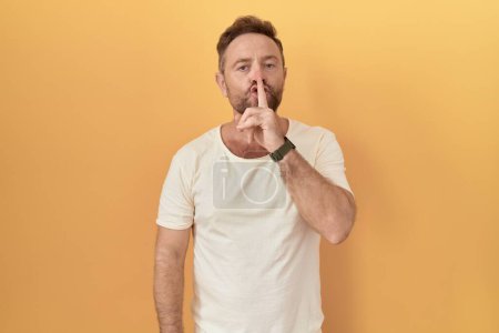 Photo for Middle age man with beard standing over yellow background asking to be quiet with finger on lips. silence and secret concept. - Royalty Free Image