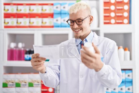 Téléchargez les photos : Young caucasian man pharmacist holding pills bottle reading prescription at pharmacy - en image libre de droit