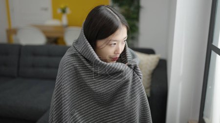 Téléchargez les photos : Jeune femme chinoise couvrant avec couverture pour le froid assis sur le canapé à la maison - en image libre de droit