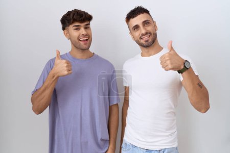 Téléchargez les photos : Couple homosexuel gay debout sur fond blanc faisant des pouces heureux geste avec la main. approuvant l'expression regardant la caméra montrant le succès. - en image libre de droit