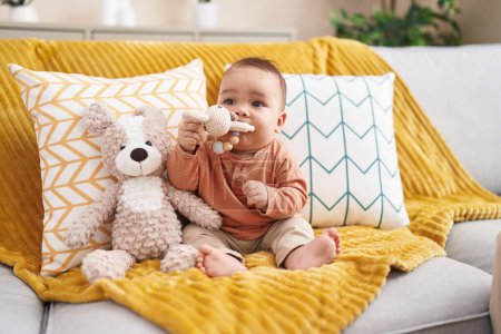 Photo for Adorable hispanic toddler bitting toy sitting on sofa at home - Royalty Free Image
