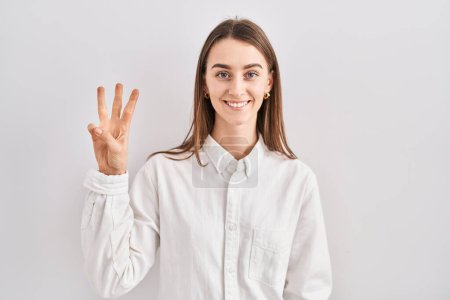 Photo for Young caucasian woman standing over isolated background showing and pointing up with fingers number three while smiling confident and happy. - Royalty Free Image