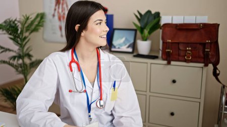Photo for Young beautiful hispanic woman doctor smiling confident sitting on table at clinic - Royalty Free Image