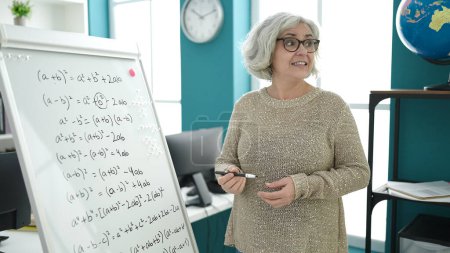Foto de Mujer de mediana edad con profesor de pelo gris enseñando matemáticas en el aula universitaria - Imagen libre de derechos