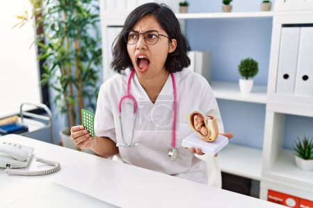 Photo for Young hispanic doctor woman holding anatomical model of uterus with fetus and birth control pills angry and mad screaming frustrated and furious, shouting with anger. rage and aggressive concept. - Royalty Free Image