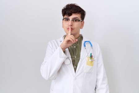 Photo for Young non binary man wearing doctor uniform and stethoscope asking to be quiet with finger on lips. silence and secret concept. - Royalty Free Image