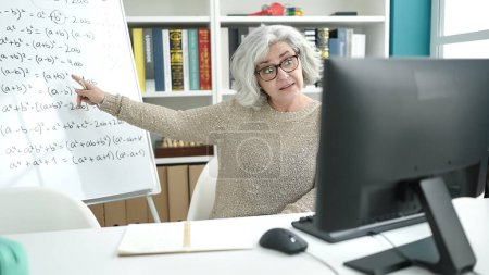 Foto de Mujer de mediana edad con profesor de pelo gris enseñando matemáticas en línea lección en el aula universitaria - Imagen libre de derechos