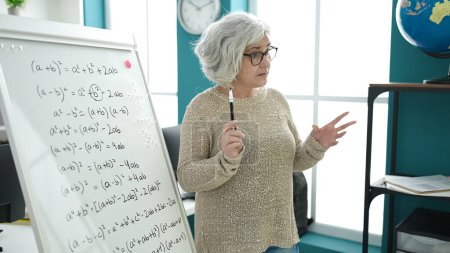 Téléchargez les photos : Femme d'âge moyen avec professeur de cheveux gris donnant des leçons de mathématiques à l'université - en image libre de droit