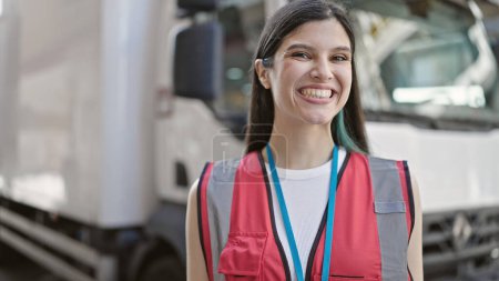 Photo for Young beautiful hispanic woman courier smiling confident standing at street - Royalty Free Image