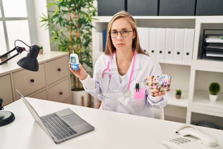 Photo for Young blonde doctor woman holding glucometer and sweets skeptic and nervous, frowning upset because of problem. negative person. - Royalty Free Image