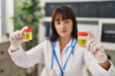 Photo for Young beautiful hispanic woman doctor comparing urine test tubes at clinic - Royalty Free Image