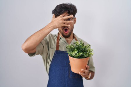 Photo for Arab man with beard holding green plant pot peeking in shock covering face and eyes with hand, looking through fingers with embarrassed expression. - Royalty Free Image