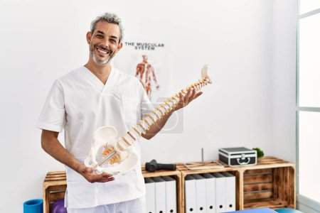 Téléchargez les photos : Homme moyen aux cheveux gris physiothérapeute souriant confiant tenant le modèle anatomique de la colonne vertébrale à la clinique de réadaptation - en image libre de droit