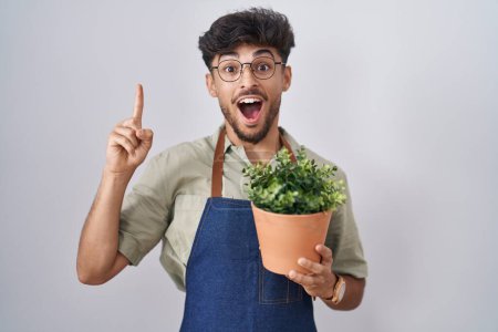 Téléchargez les photos : Homme arabe avec barbe tenant pot de plante verte souriant étonné et surpris et pointant vers le haut avec les doigts et les bras levés. - en image libre de droit