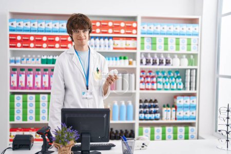 Téléchargez les photos : Jeune homme blond pharmacien utilisant un ordinateur tenant bouteille de pilules à la pharmacie - en image libre de droit
