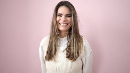 Photo for Young beautiful hispanic woman smiling confident over isolated pink background - Royalty Free Image