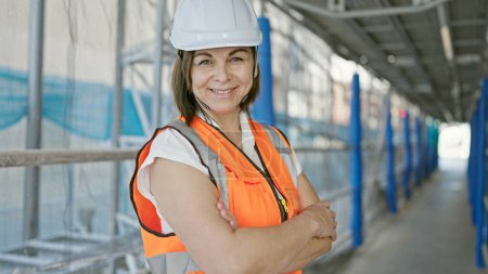 Foto de Constructora hispana de mediana edad sonriendo confiada de pie con los brazos cruzados en el lugar de construcción - Imagen libre de derechos