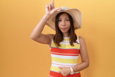 Foto de Mujer china de mediana edad con sombrero de verano sobre fondo amarillo burlándose de la gente con los dedos en la frente haciendo gesto perdedor burlándose e insultando. - Imagen libre de derechos