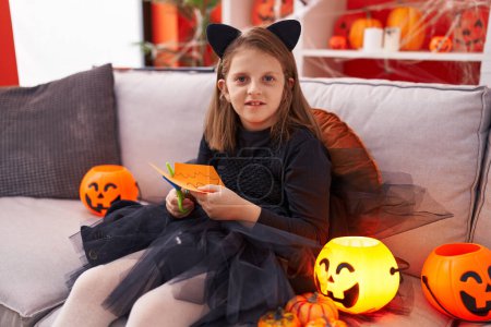 Téléchargez les photos : Adorable fille blonde portant le papier de coupe costume d'Halloween à la maison - en image libre de droit