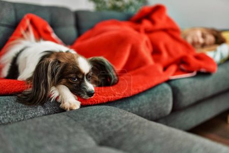 Photo for Young caucasian woman lying on sofa sleeping with dog at home - Royalty Free Image