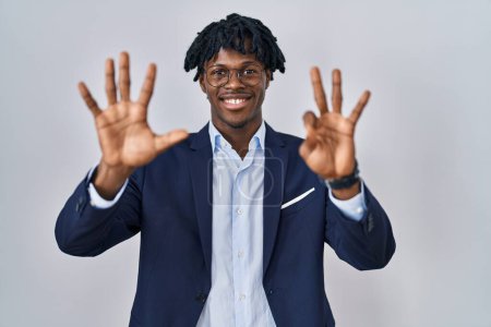 Photo for Young african man with dreadlocks wearing business jacket over white background showing and pointing up with fingers number eight while smiling confident and happy. - Royalty Free Image