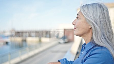 Téléchargez les photos : Femme aux cheveux gris d'âge moyen regardant vers le côté avec une expression sérieuse au bord de la mer - en image libre de droit