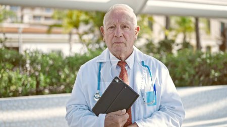 Téléchargez les photos : Homme âgé aux cheveux gris médecin debout avec une expression sérieuse tenant le pavé tactile au parc - en image libre de droit
