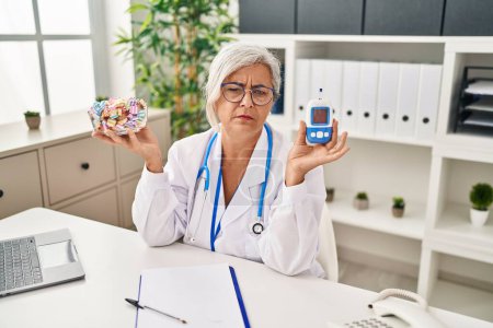 Photo for Middle age woman with grey hair wearing doctor uniform holding glucose monitor depressed and worry for distress, crying angry and afraid. sad expression. - Royalty Free Image