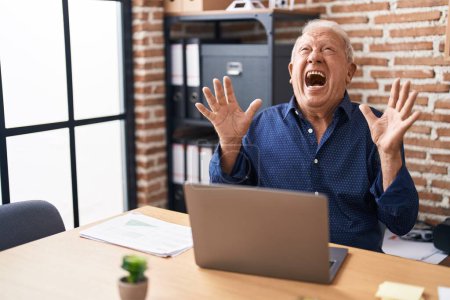 Photo for Senior man with grey hair working using computer laptop at the office crazy and mad shouting and yelling with aggressive expression and arms raised. frustration concept. - Royalty Free Image