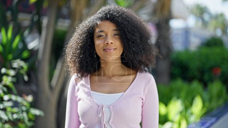 Téléchargez les photos : Afro-américaine femme souriant confiance debout au parc - en image libre de droit