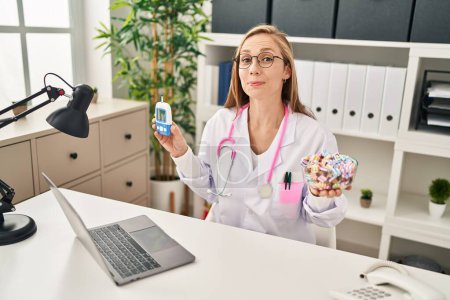 Photo for Young blonde doctor woman holding glucometer and sweets smiling looking to the side and staring away thinking. - Royalty Free Image