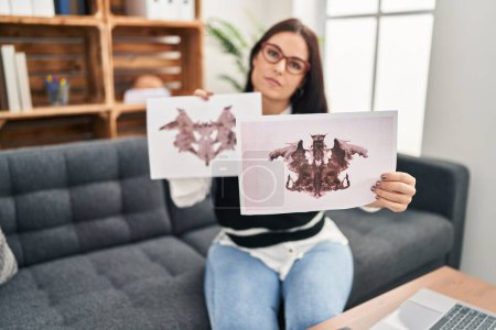 Photo for Young beautiful hispanic woman psychologist having rorschach test at psychology clinic - Royalty Free Image
