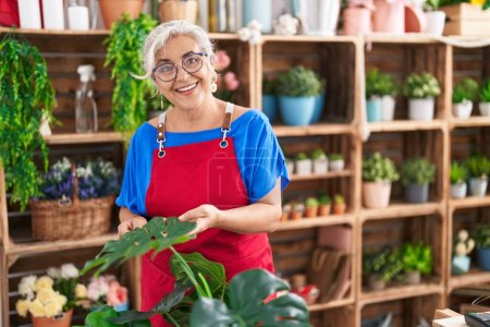 Photo for Middle age grey-haired woman florist smiling confident touching plant at florist - Royalty Free Image